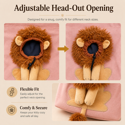 Lion-Shaped Pet Shoulder Bag Cute Canvas Cat Carrier with Adjustable Head Opening & Soft Plush Details