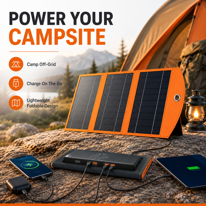 Foldable Portable Solar Panel, Fast Charging with 1 Type-C & 2 USB-A Ports