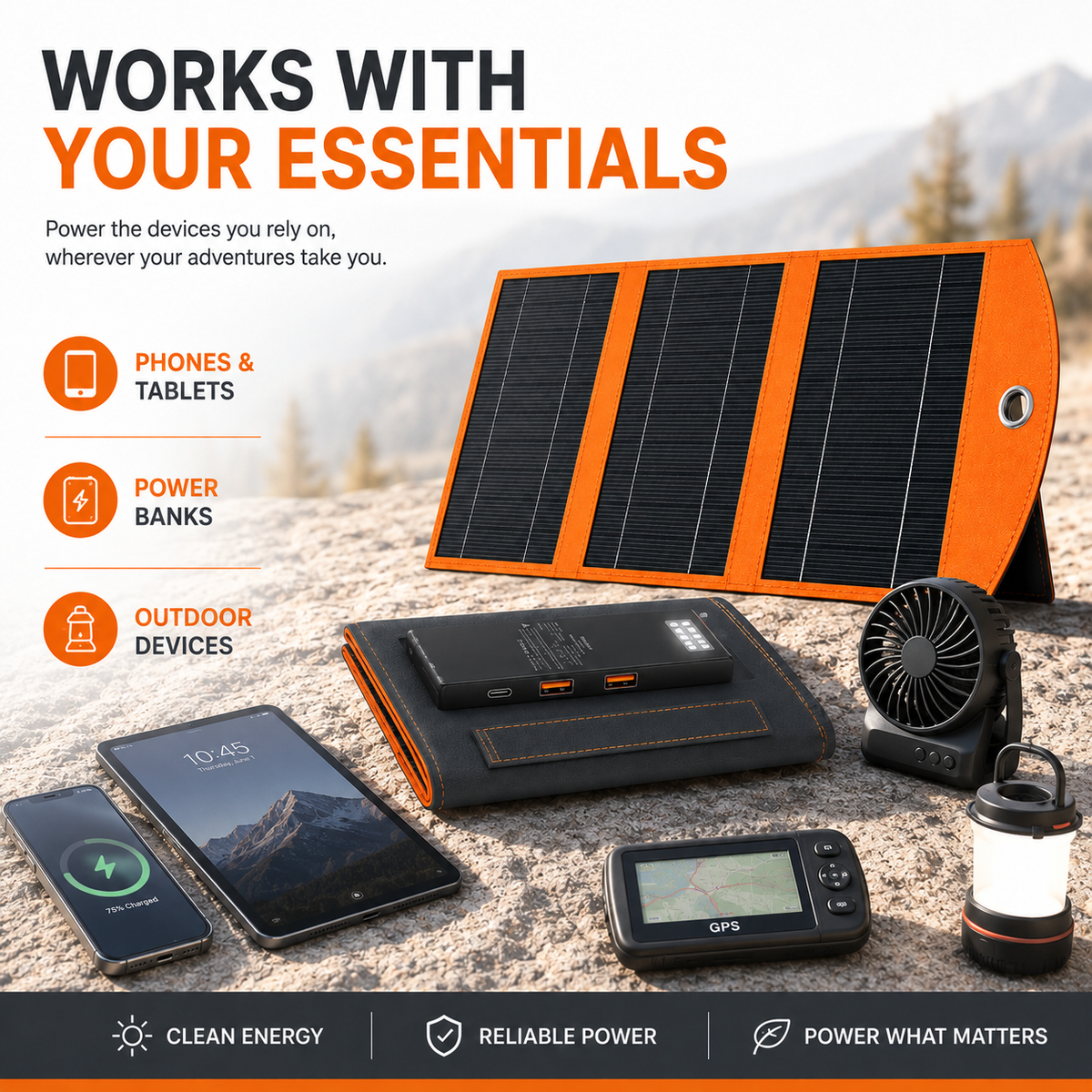 Foldable Portable Solar Panel, Fast Charging with 1 Type-C & 2 USB-A Ports