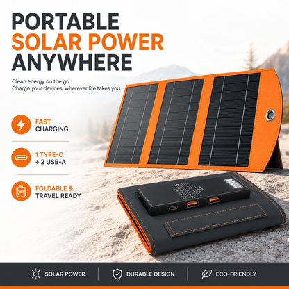 Foldable Portable Solar Panel, Fast Charging with 1 Type-C & 2 USB-A Ports
