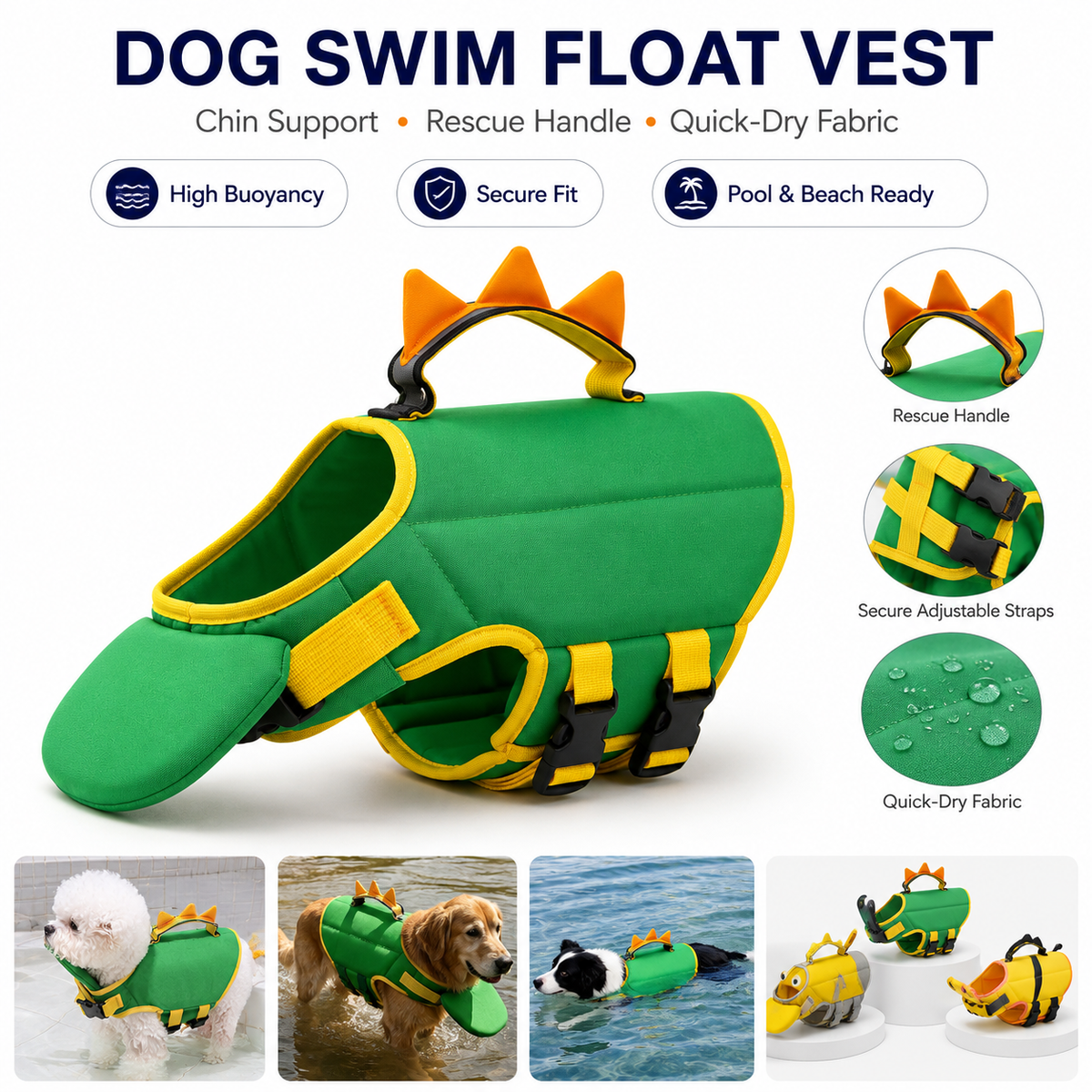 Dinosaur Dog Swim Float Vest with Chin Support & Rescue Handle!