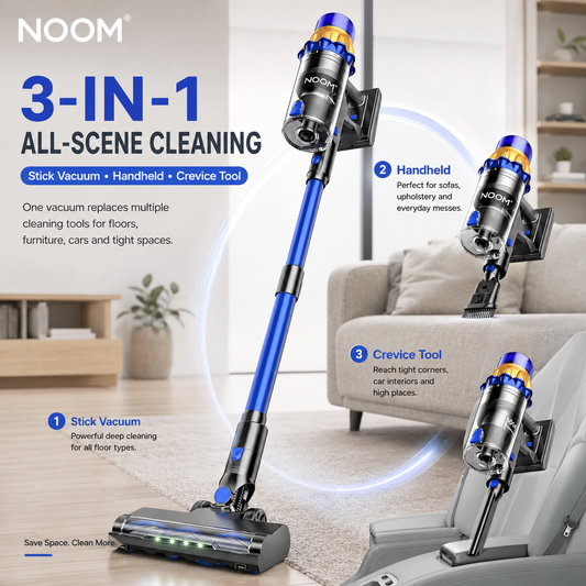 Noom German Quality 3-in-1 Cordless Stick Vacuum, LED FurFinder Light, Anti-Tangle Brush Roll For Pet Hair Home & Car