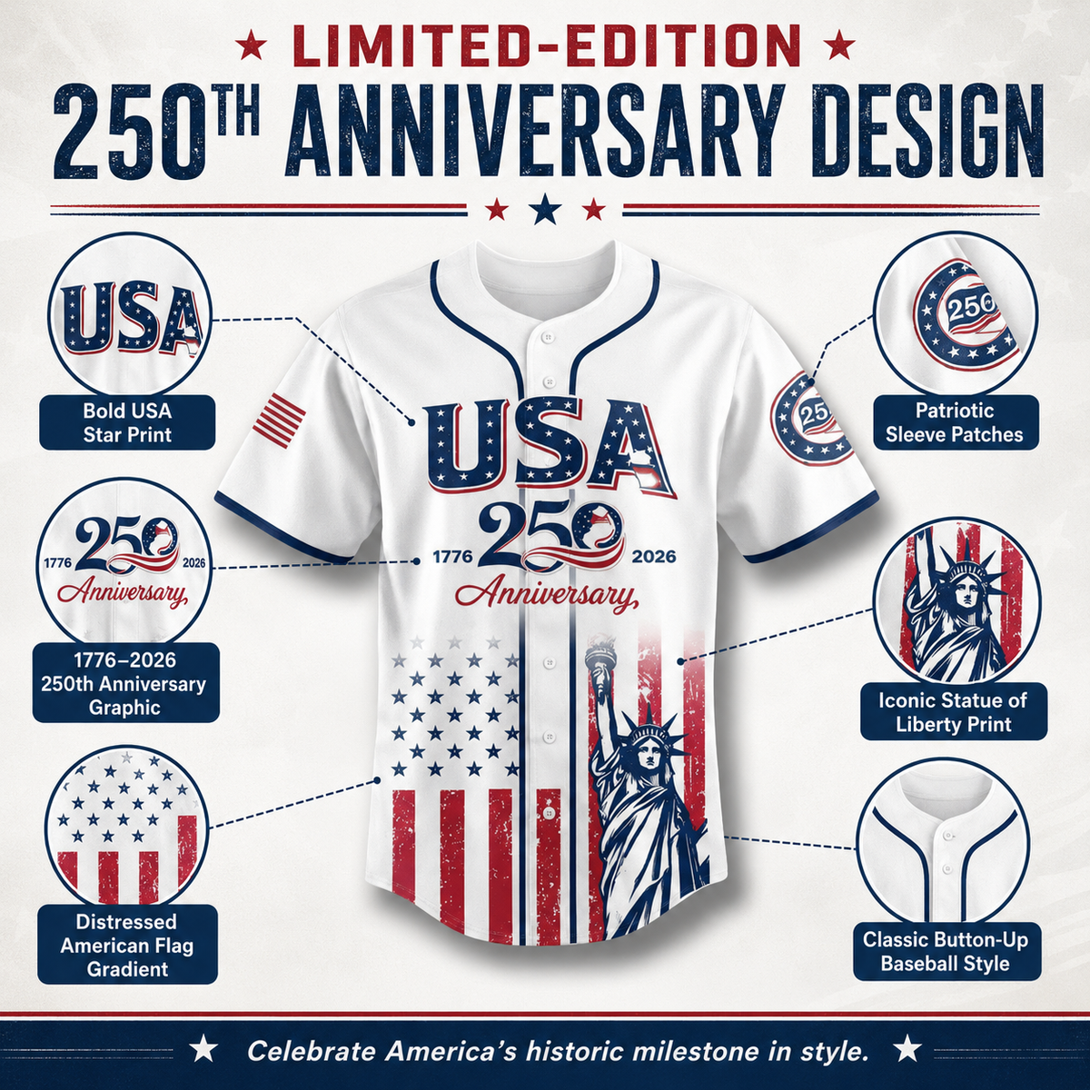 USA 250th Anniversary Baseball Jersey 1776-2026 Independence Day Patriotic Shirt, Men & Women, Flag & Liberty Print