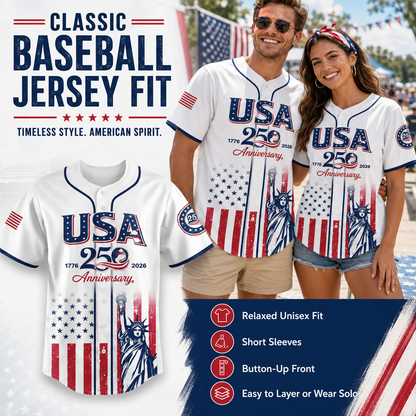 USA 250th Anniversary Baseball Jersey 1776-2026 Independence Day Patriotic Shirt, Men & Women, Flag & Liberty Print