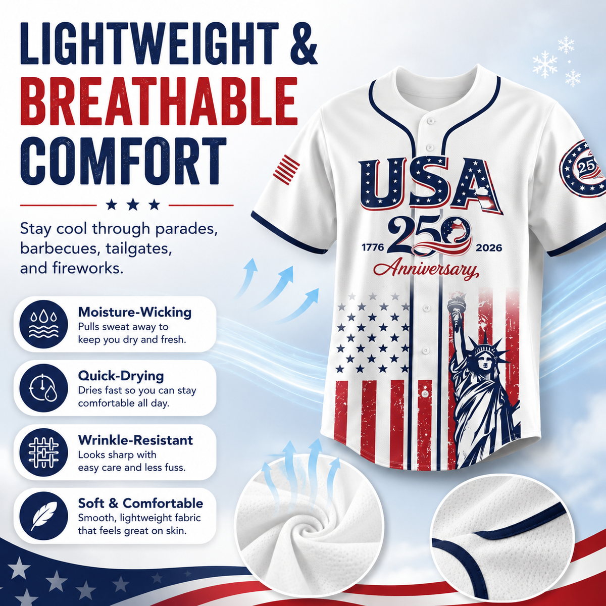 USA 250th Anniversary Baseball Jersey 1776-2026 Independence Day Patriotic Shirt, Men & Women, Flag & Liberty Print
