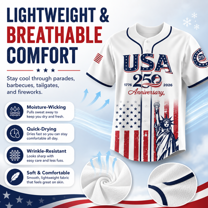 USA 250th Anniversary Baseball Jersey 1776-2026 Independence Day Patriotic Shirt, Men & Women, Flag & Liberty Print