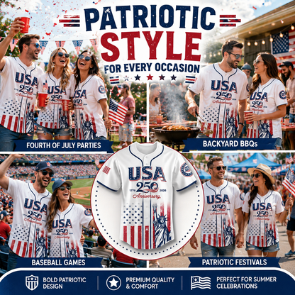 USA 250th Anniversary Baseball Jersey 1776-2026 Independence Day Patriotic Shirt, Men & Women, Flag & Liberty Print