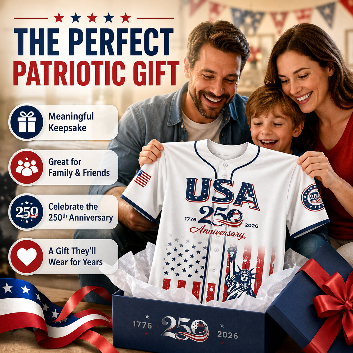 USA 250th Anniversary Baseball Jersey 1776-2026 Independence Day Patriotic Shirt, Men & Women, Flag & Liberty Print