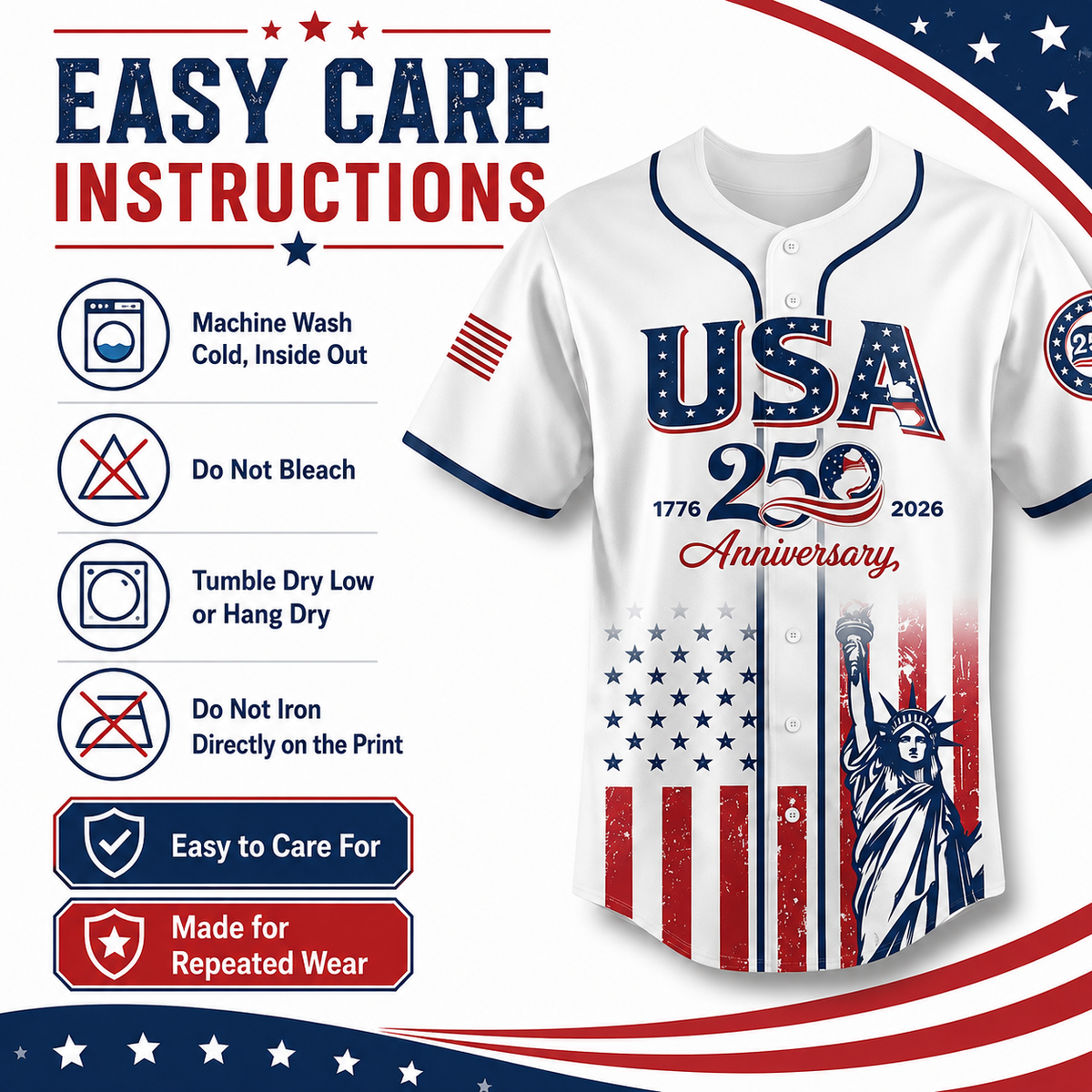 USA 250th Anniversary Baseball Jersey 1776-2026 Independence Day Patriotic Shirt, Men & Women, Flag & Liberty Print
