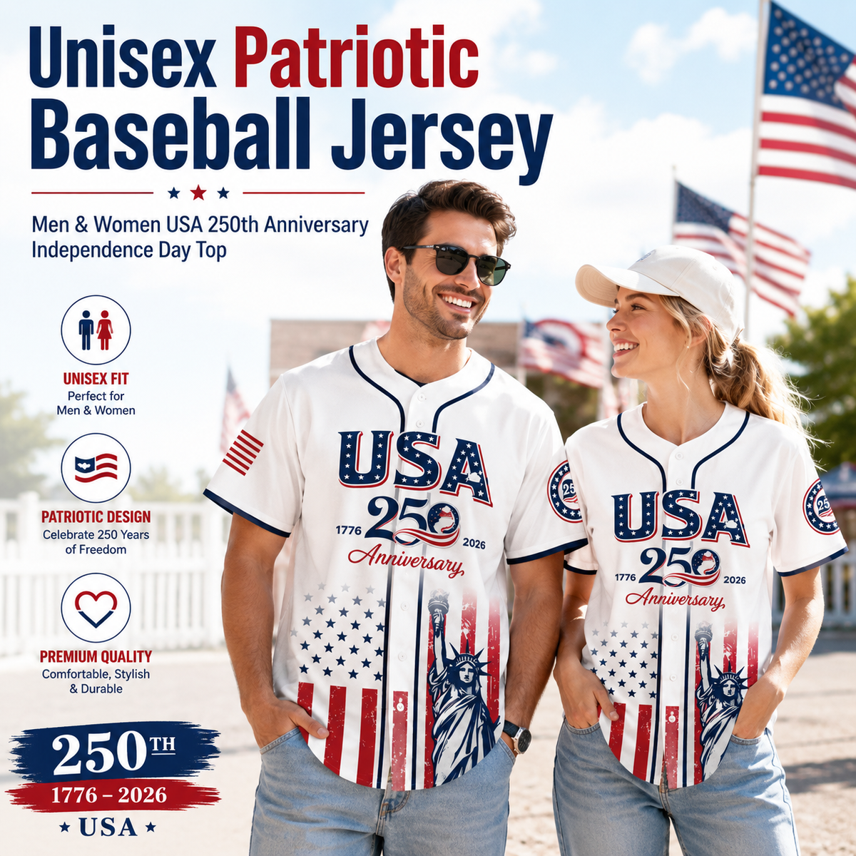 USA 250th Anniversary Baseball Jersey 1776-2026 Independence Day Patriotic Shirt, Men & Women, Flag & Liberty Print