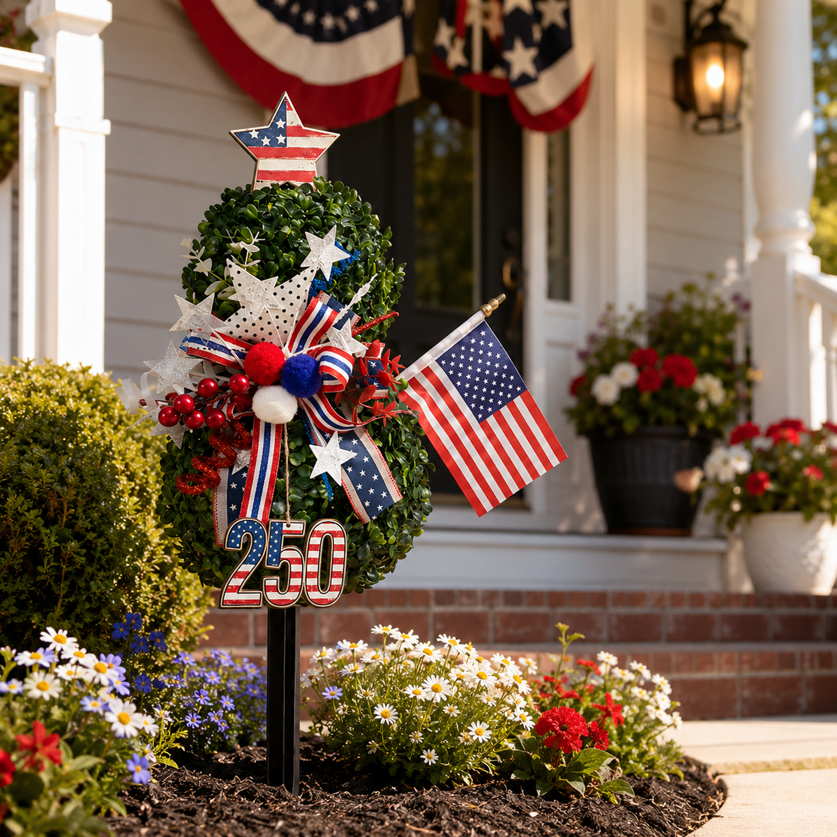 USA 250th Anniversary Patriotic Topiary Garden Stake, Red White Blue Yard Decor for 4th of July