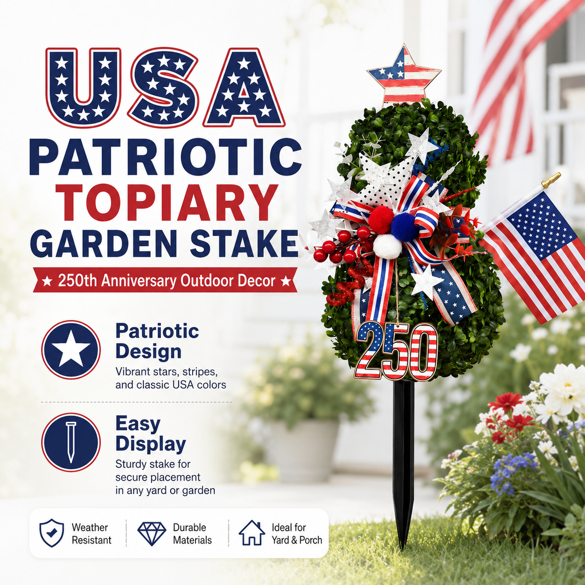 USA 250th Anniversary Patriotic Topiary Garden Stake, Red White Blue Yard Decor for 4th of July