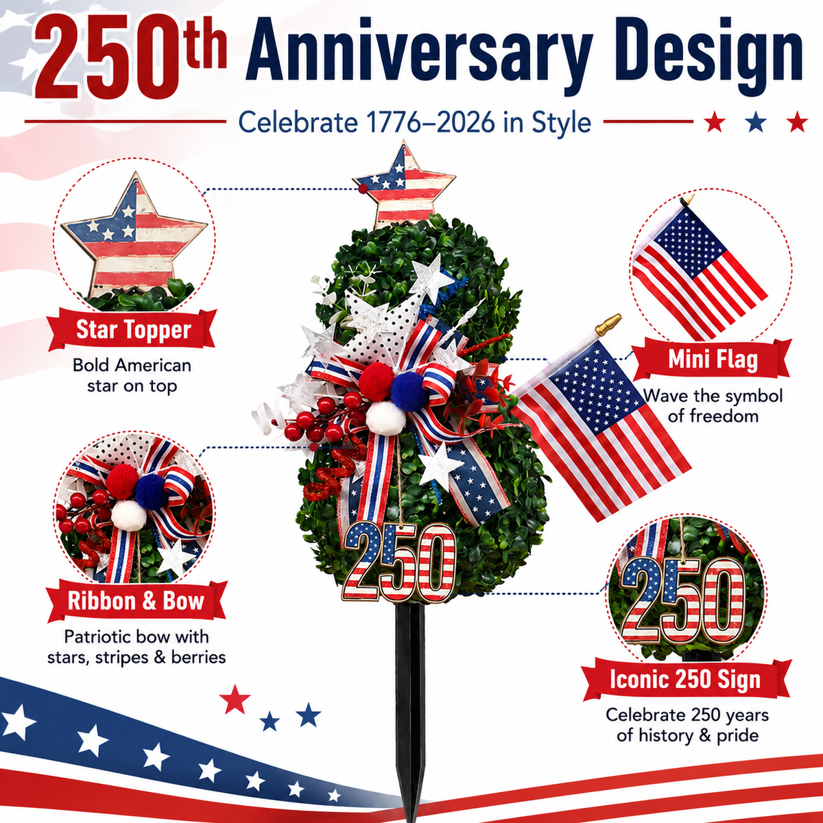 USA 250th Anniversary Patriotic Topiary Garden Stake, Red White Blue Yard Decor for 4th of July
