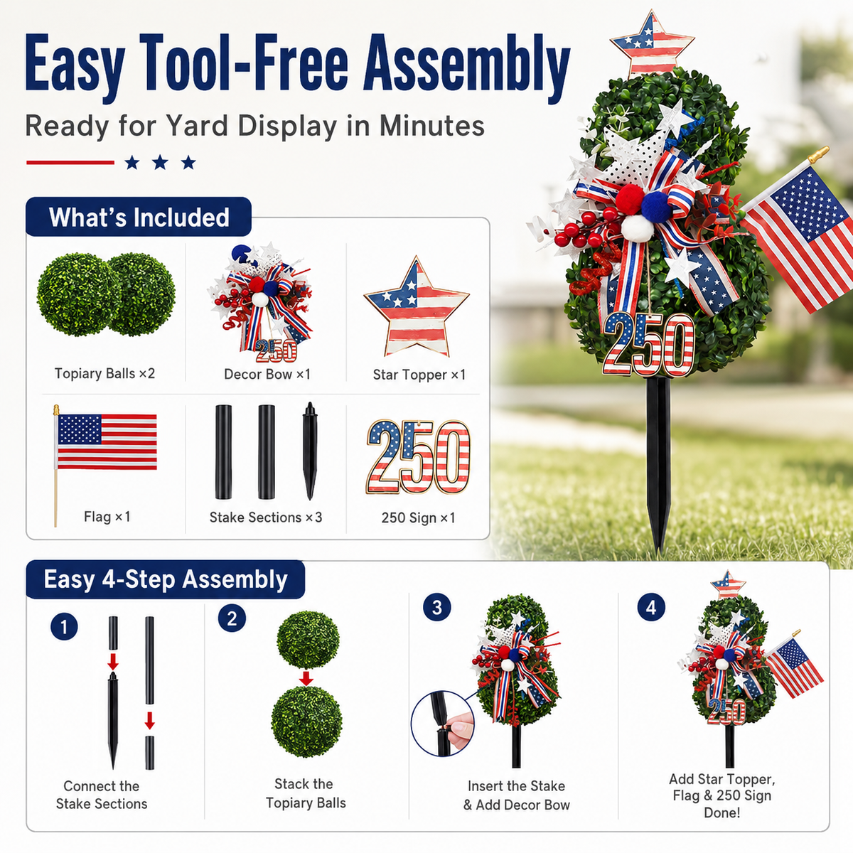 USA 250th Anniversary Patriotic Topiary Garden Stake, Red White Blue Yard Decor for 4th of July