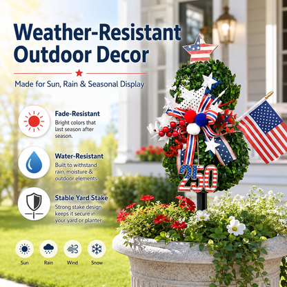 USA 250th Anniversary Patriotic Topiary Garden Stake, Red White Blue Yard Decor for 4th of July