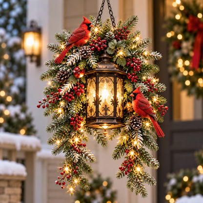 Cardinal Hearth Glow Pre-Lit Cardinal Lantern & Evergreen Christmas Porch Decor
