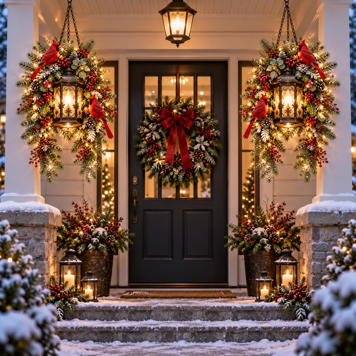 Cardinal Hearth Glow Pre-Lit Cardinal Lantern & Evergreen Christmas Porch Decor