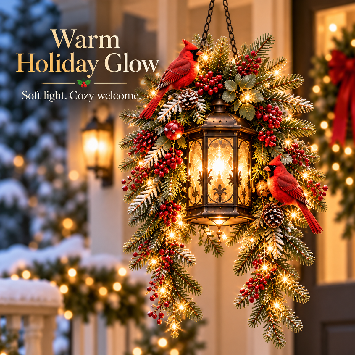 Cardinal Hearth Glow Pre-Lit Cardinal Lantern & Evergreen Christmas Porch Decor