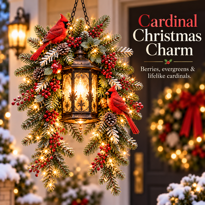 Cardinal Hearth Glow Pre-Lit Cardinal Lantern & Evergreen Christmas Porch Decor