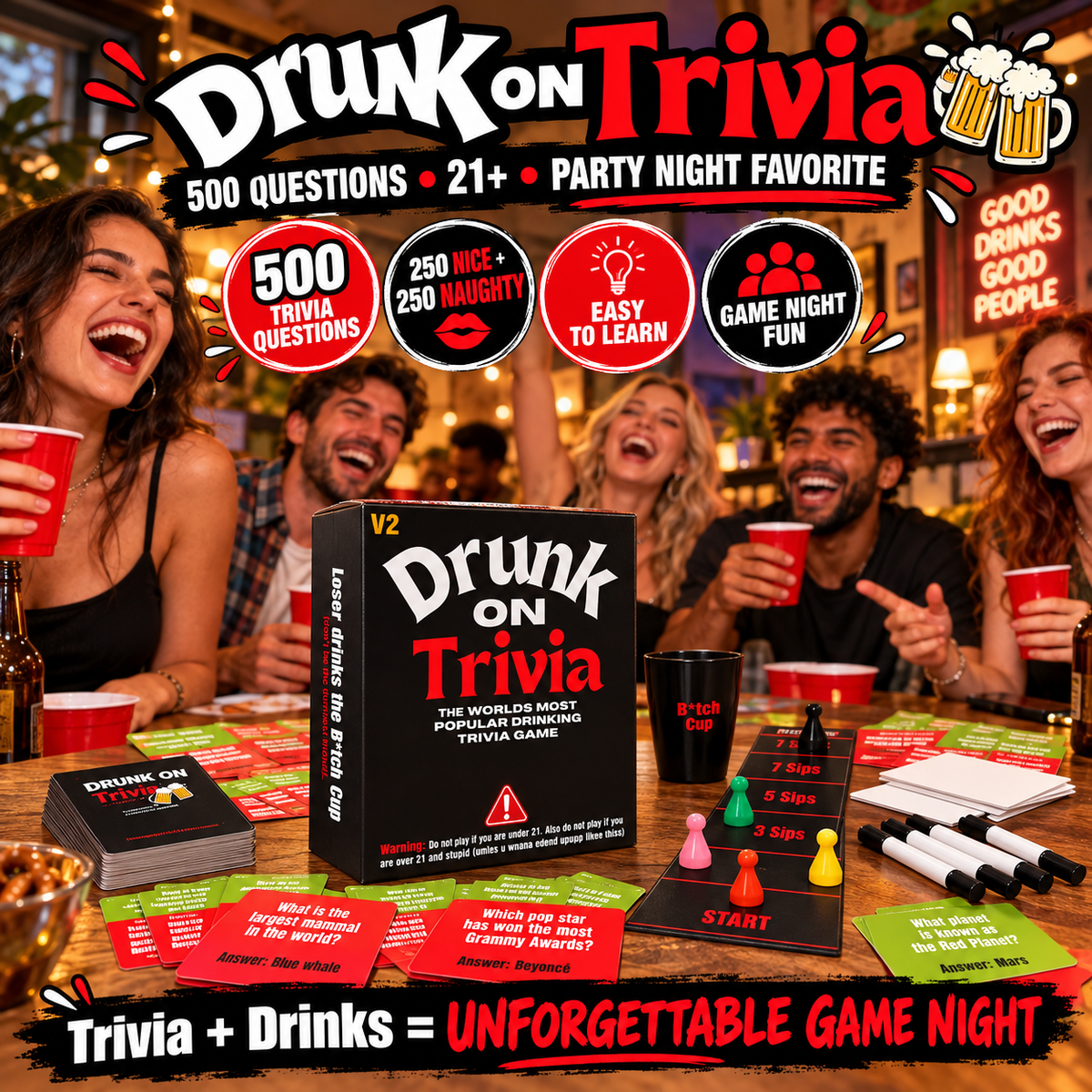 Drunk On Trivia 500-Question Adult Party Game for Game Nights, Birthdays & Friends