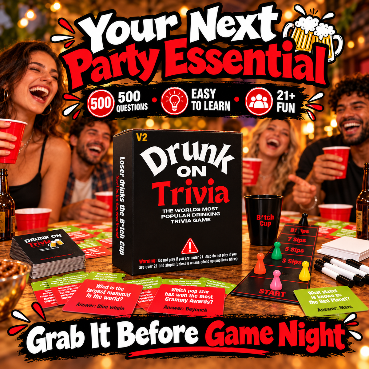 Drunk On Trivia 500-Question Adult Party Game for Game Nights, Birthdays & Friends