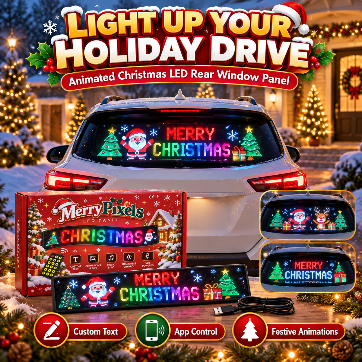 Animated Christmas LED Rear Window Panel App Controlled Car Display