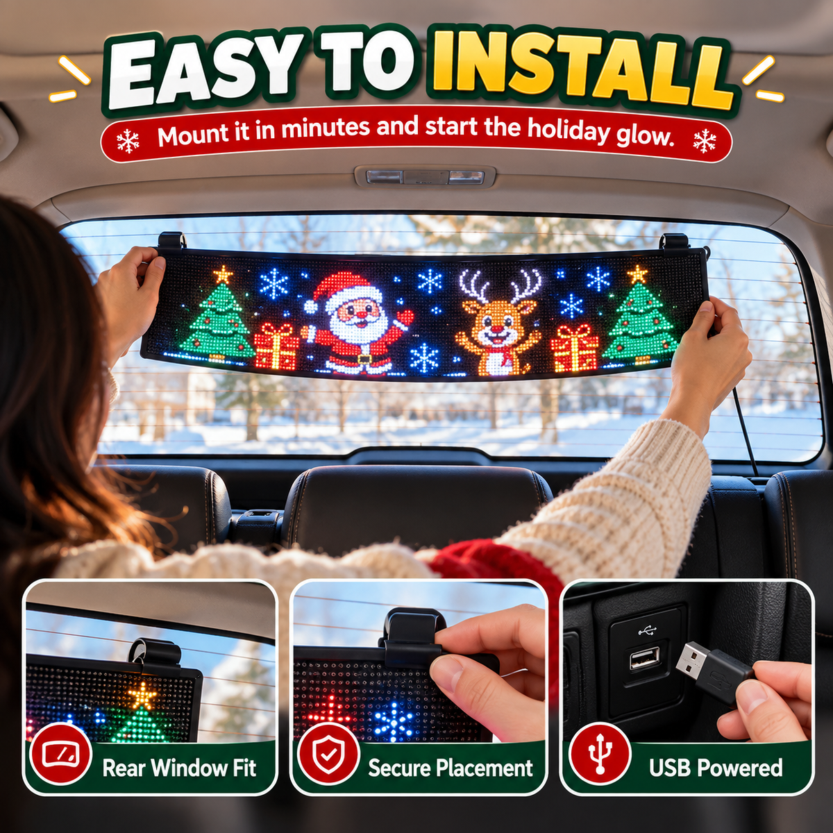 Animated Christmas LED Rear Window Panel App Controlled Car Display