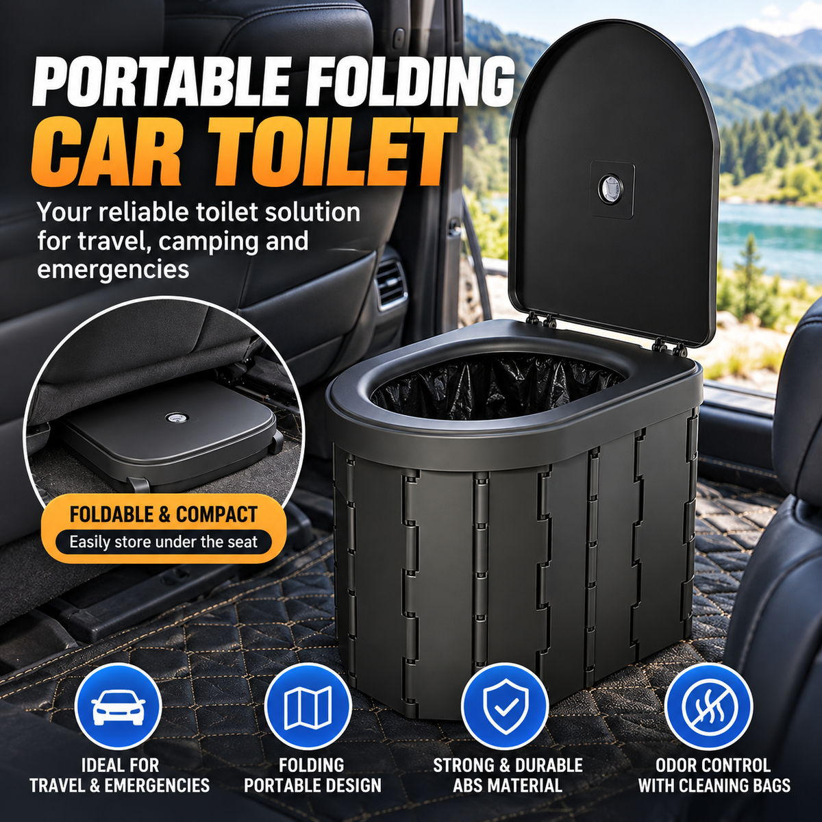 Portable Folding Car Toilet Compact Travel & Camping Emergency Toilet