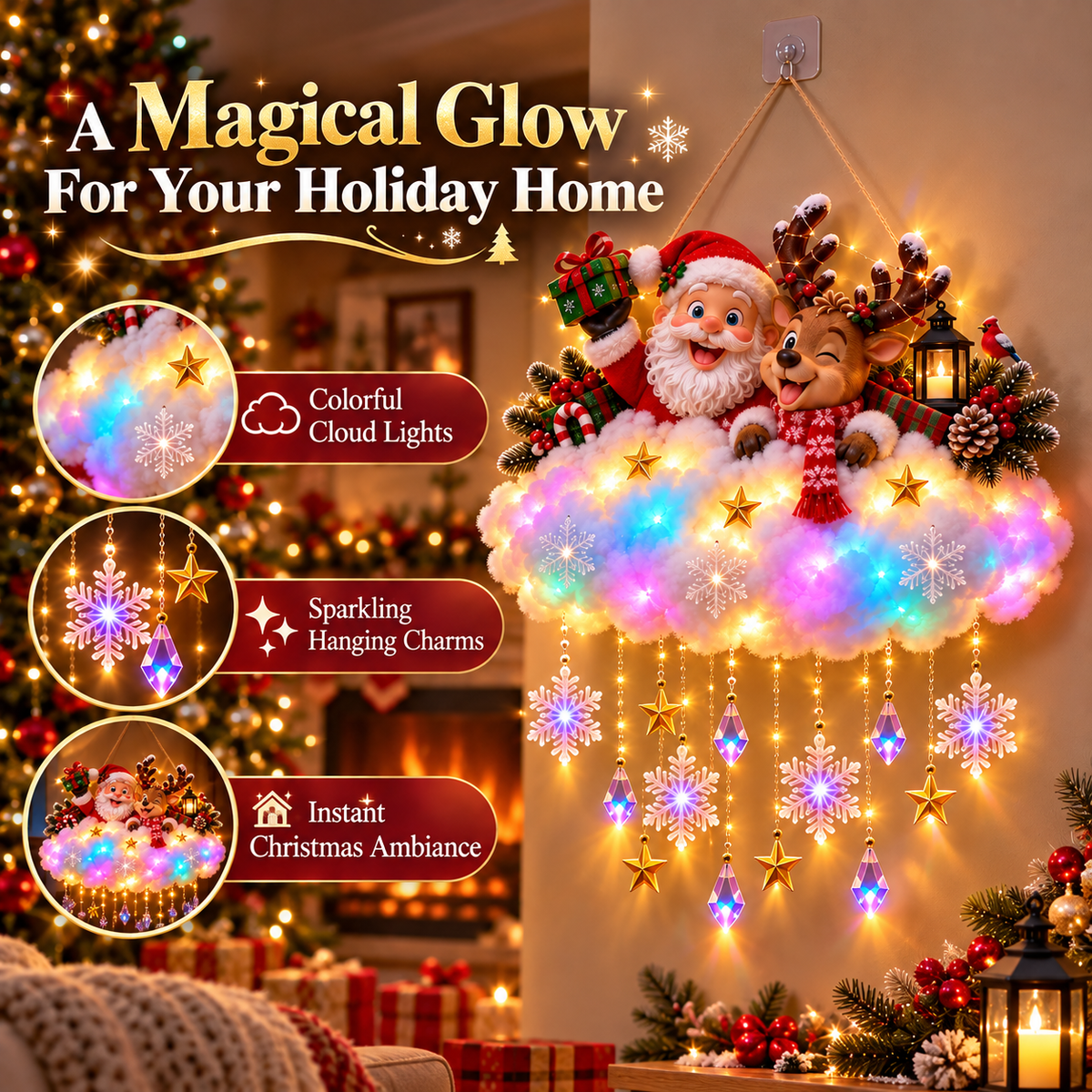 Light-Up Christmas Cloud Hanging Decor Santa & Winter Village Holiday Display