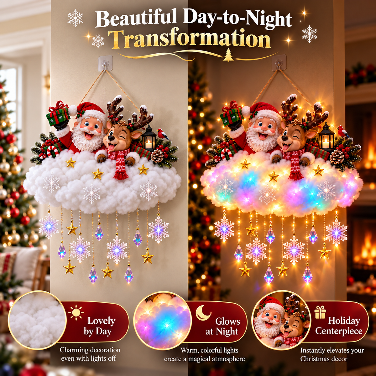 Light-Up Christmas Cloud Hanging Decor Santa & Winter Village Holiday Display