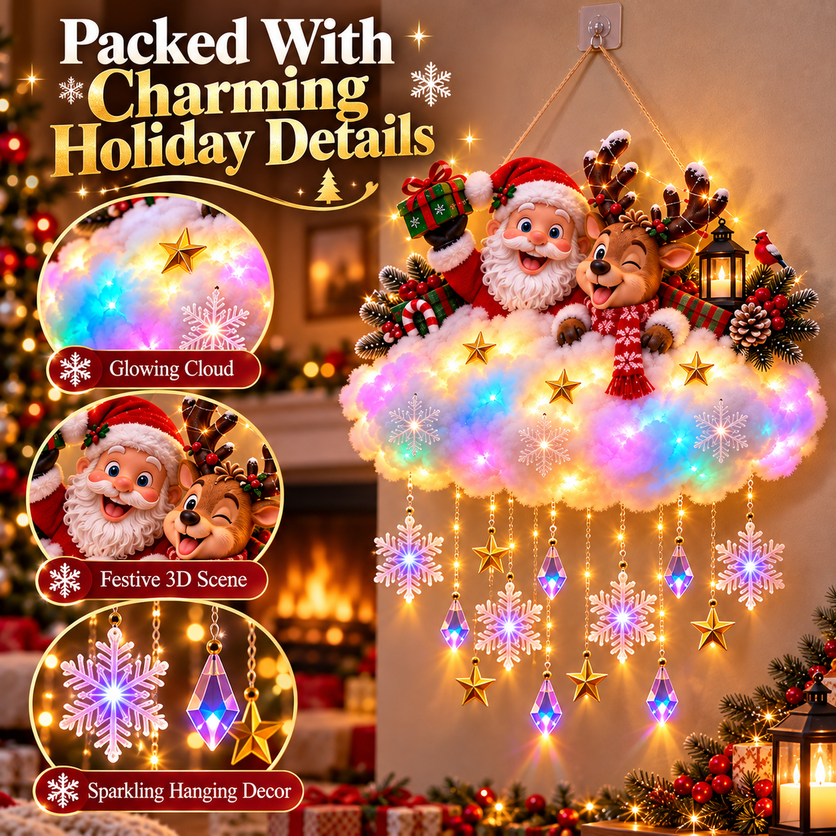 Light-Up Christmas Cloud Hanging Decor Santa & Winter Village Holiday Display