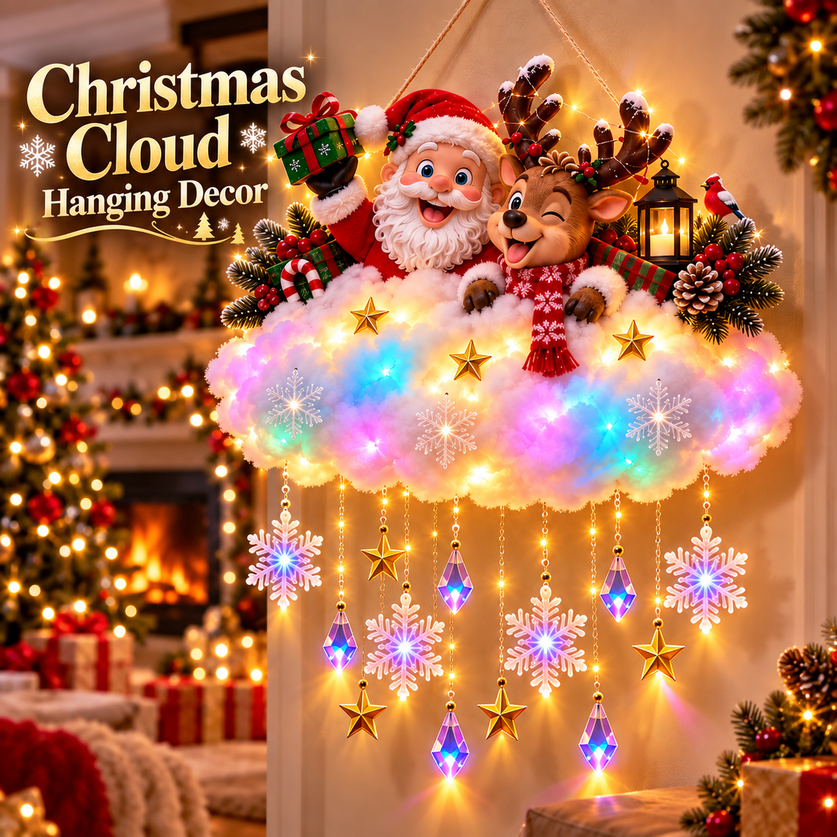 Light-Up Christmas Cloud Hanging Decor Santa & Winter Village Holiday Display
