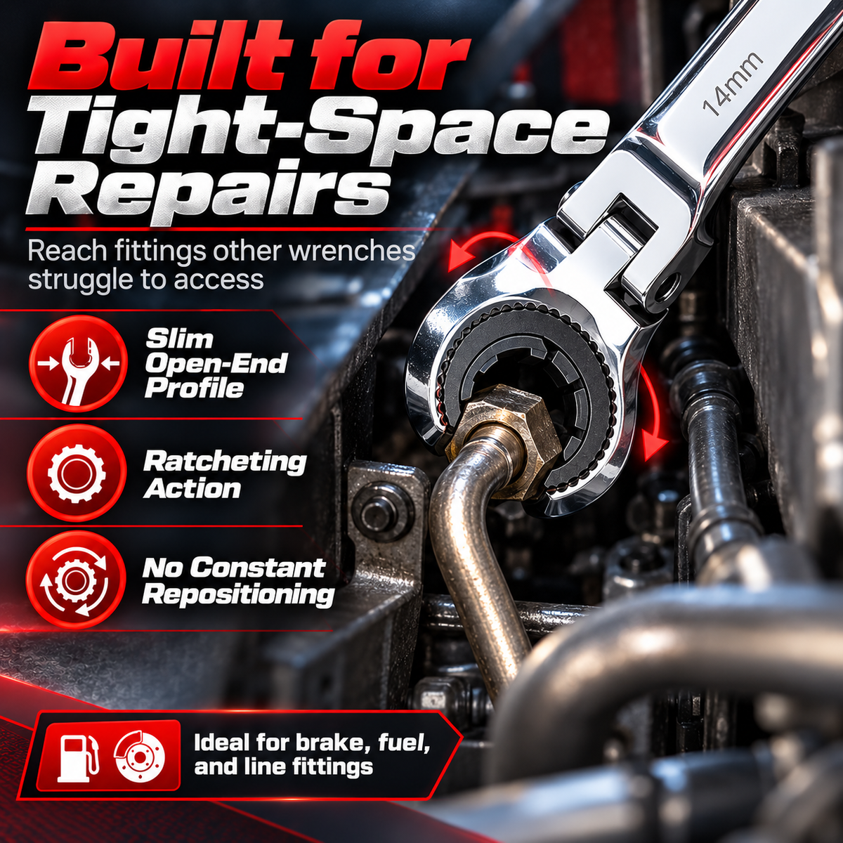 7-in-1 Ratcheting Flare Nut Wrench Set for Tight Space