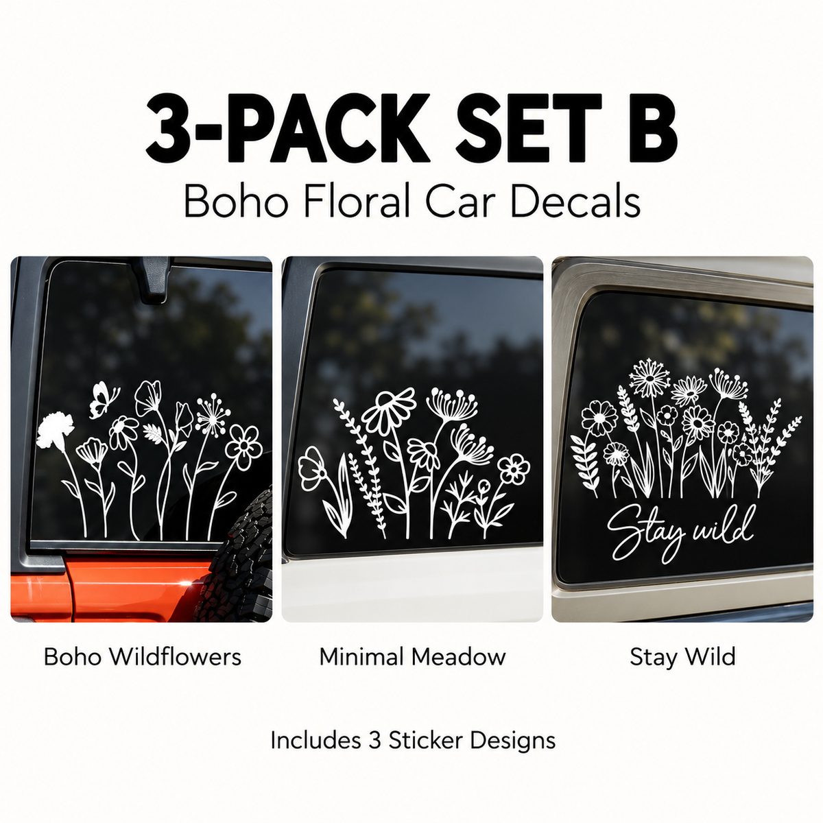 Boho Wildflower Car Decals Waterproof & Sun-Resistant Floral Stickers