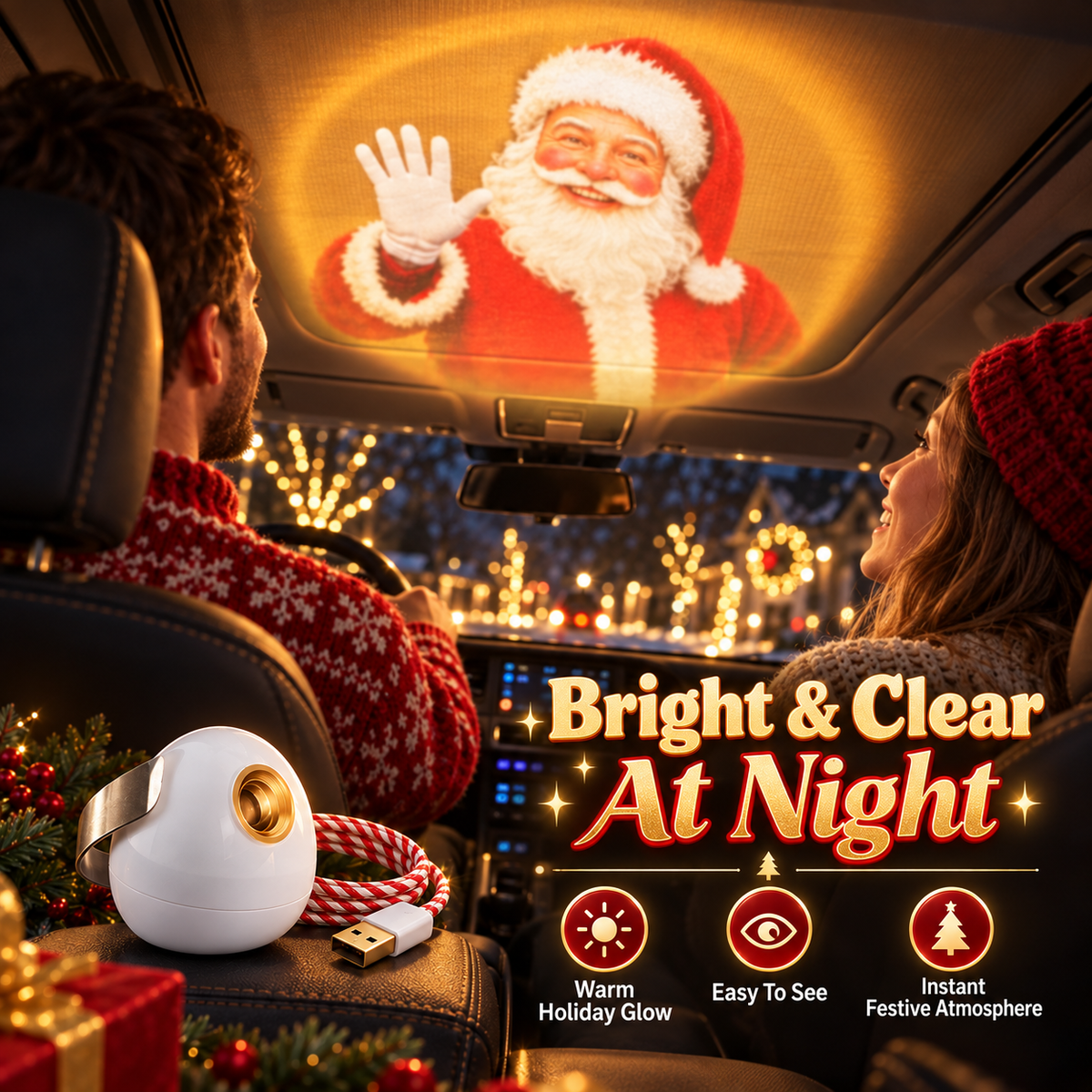 Santa Beam Christmas Car Projector USB Holiday Projection Light with 6 Santa Films