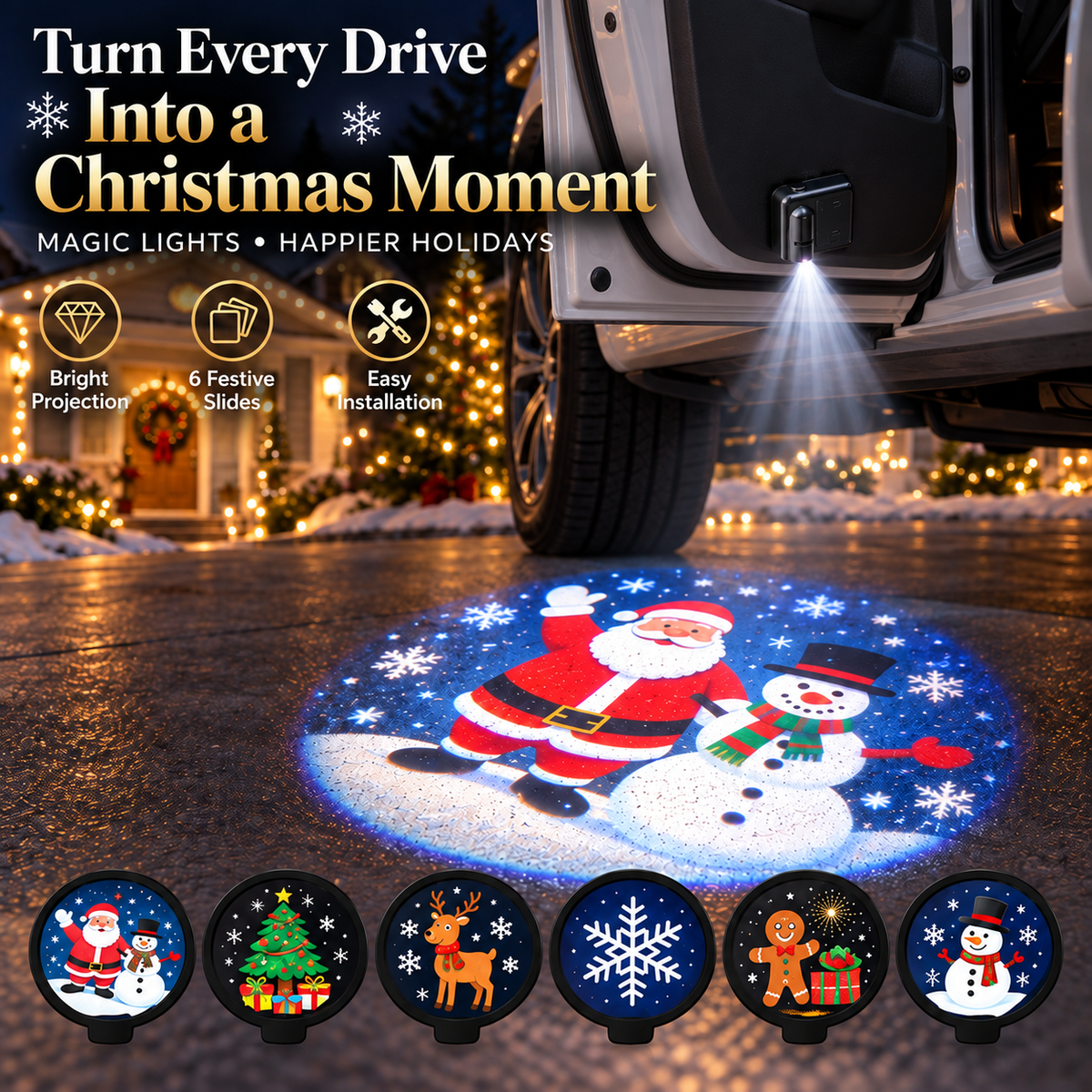 Christmas Magic Car Door Projector 6 Festive Projection Slides