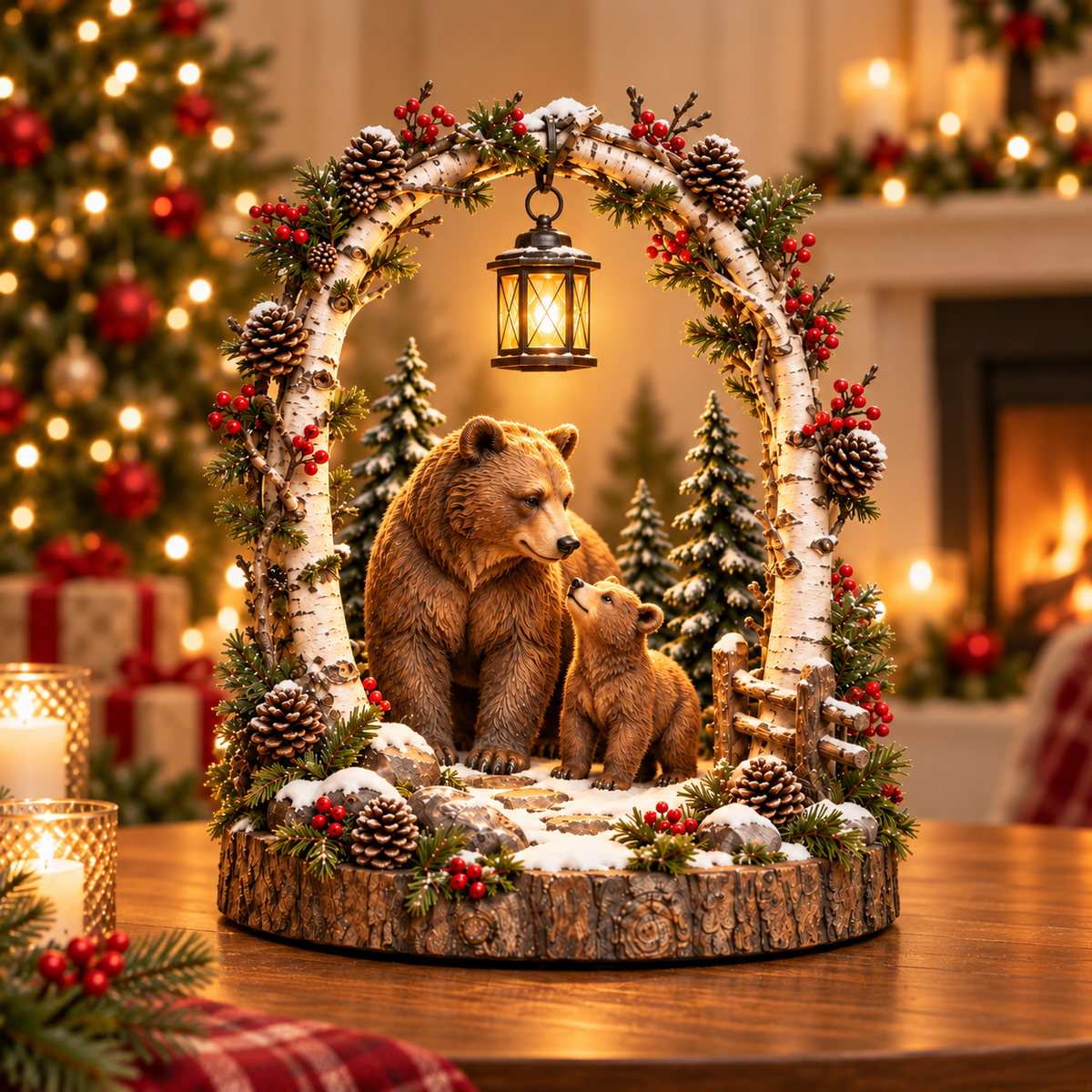 Woodland Bear Family Lantern Lighted Christmas Forest Tabletop Decor