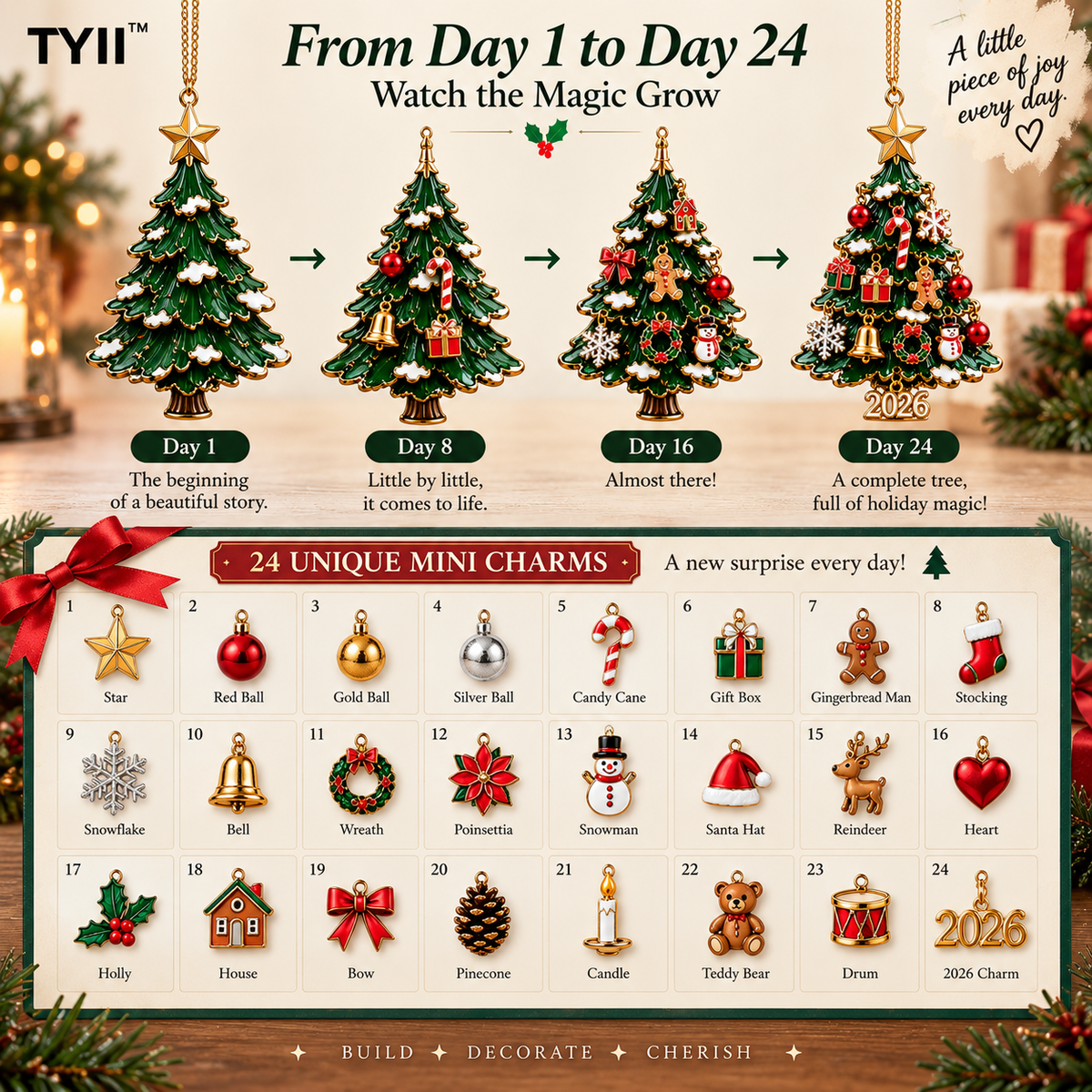 TYII 2026 Build Your Christmas Tree 24-Day Christmas Countdown Ornament Kit