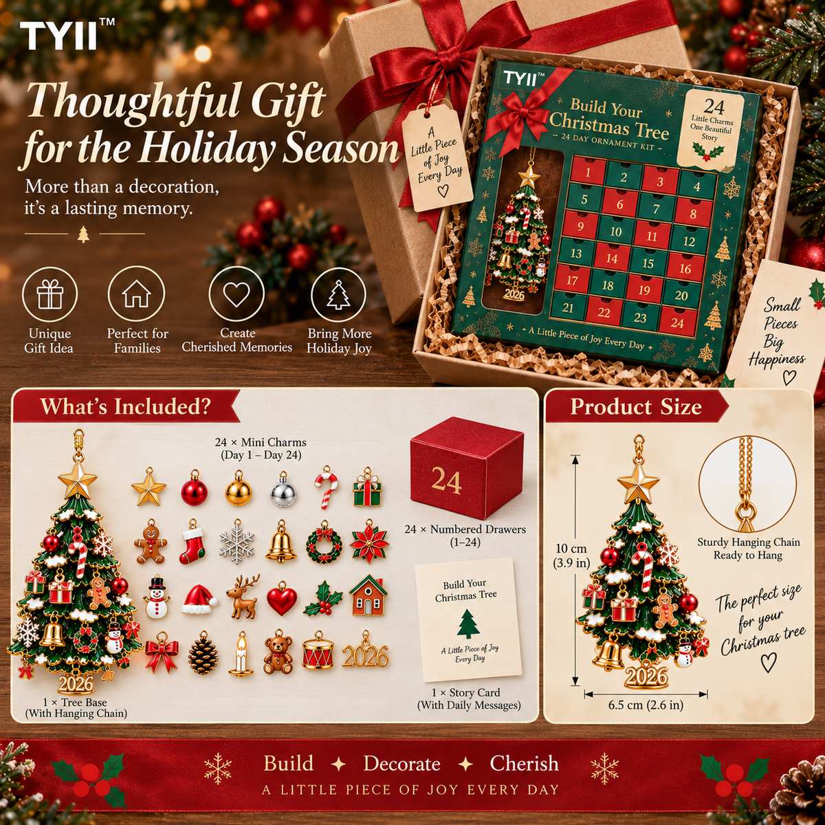 TYII 2026 Build Your Christmas Tree 24-Day Christmas Countdown Ornament Kit