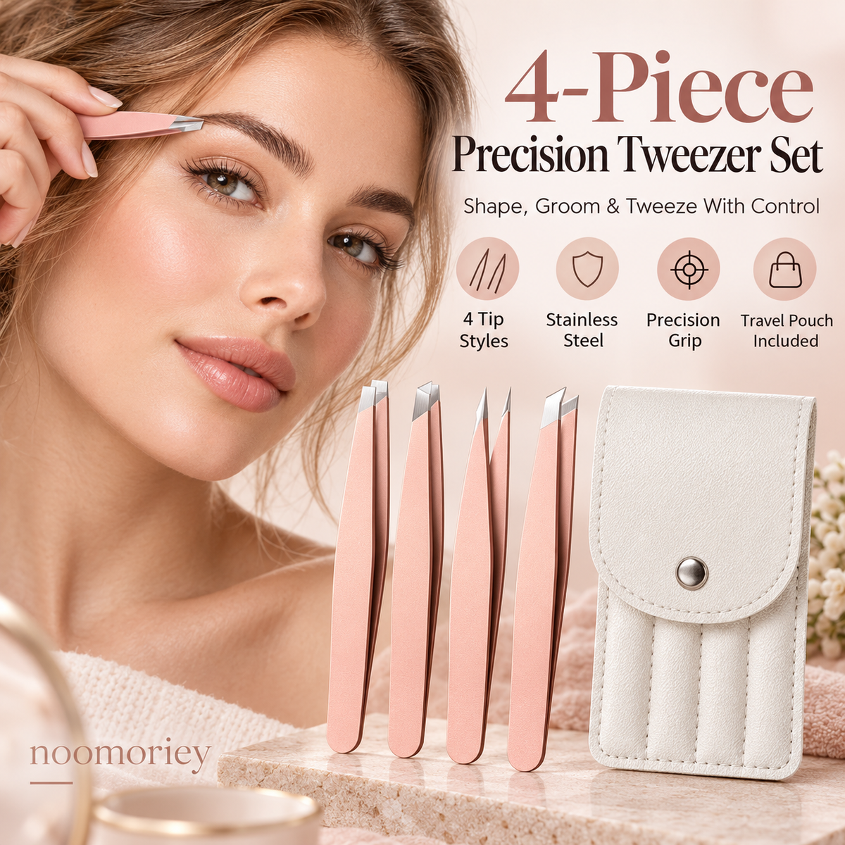 4-Piece Stainless Steel Beauty Tweezers Set Flat-Tip Eyebrow, Hair Removal & False Lash Tools