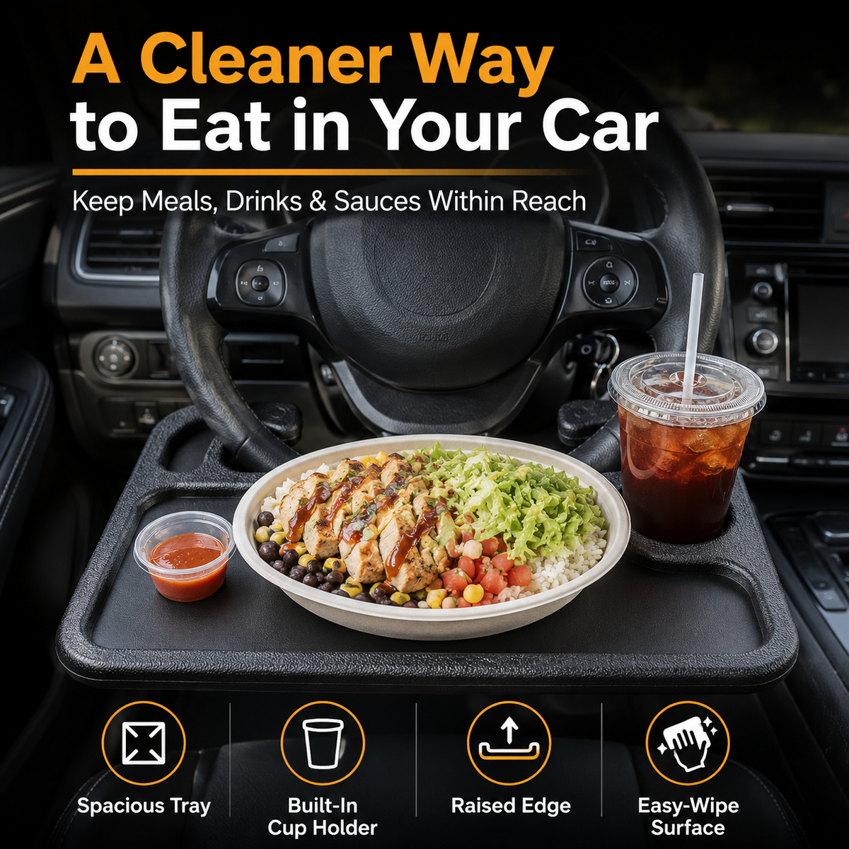 2-in-1 Steering Wheel Tray Work, Eat & Stay Organized On the Go