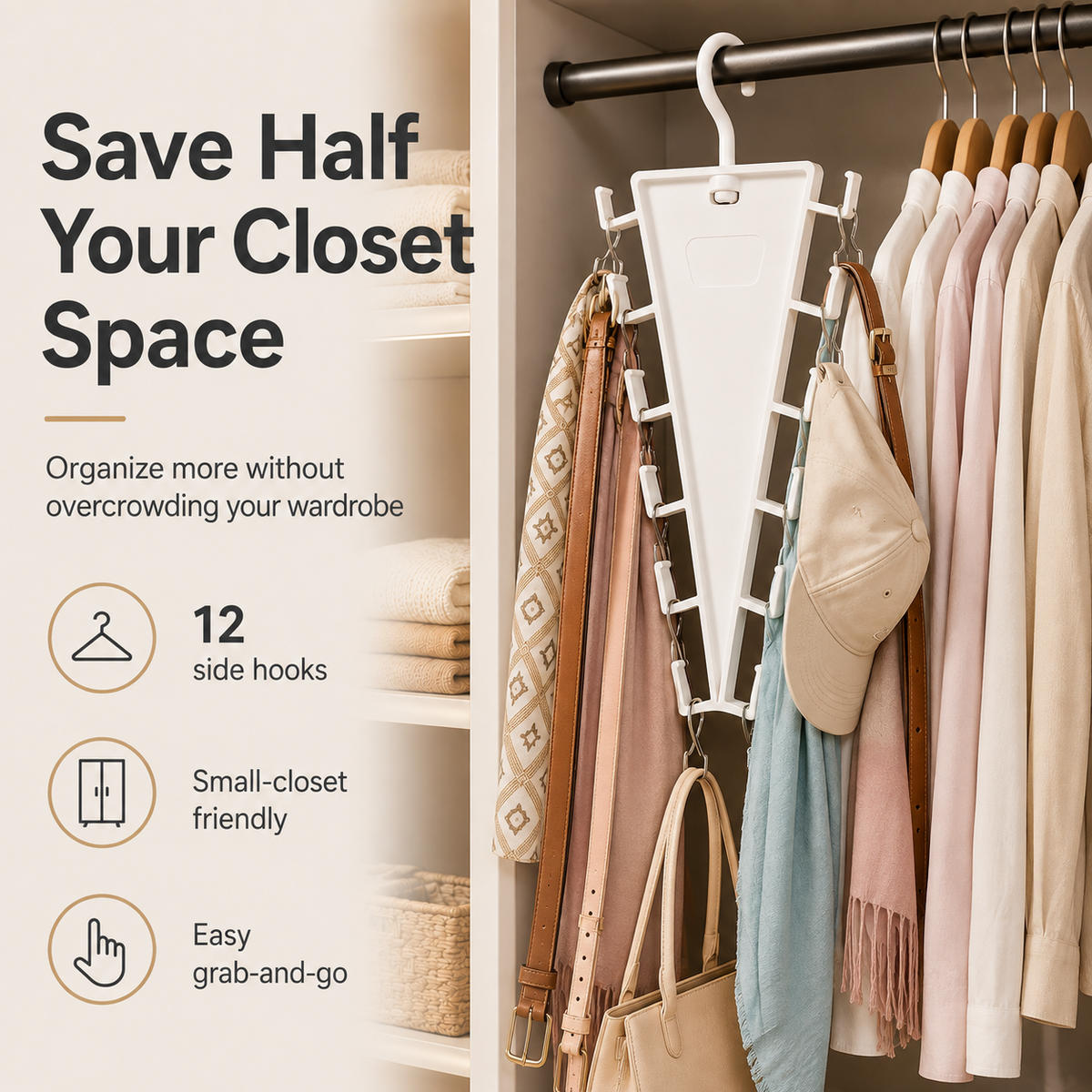 12-Hook V-Shaped Closet Organizer Save Space & Organize More