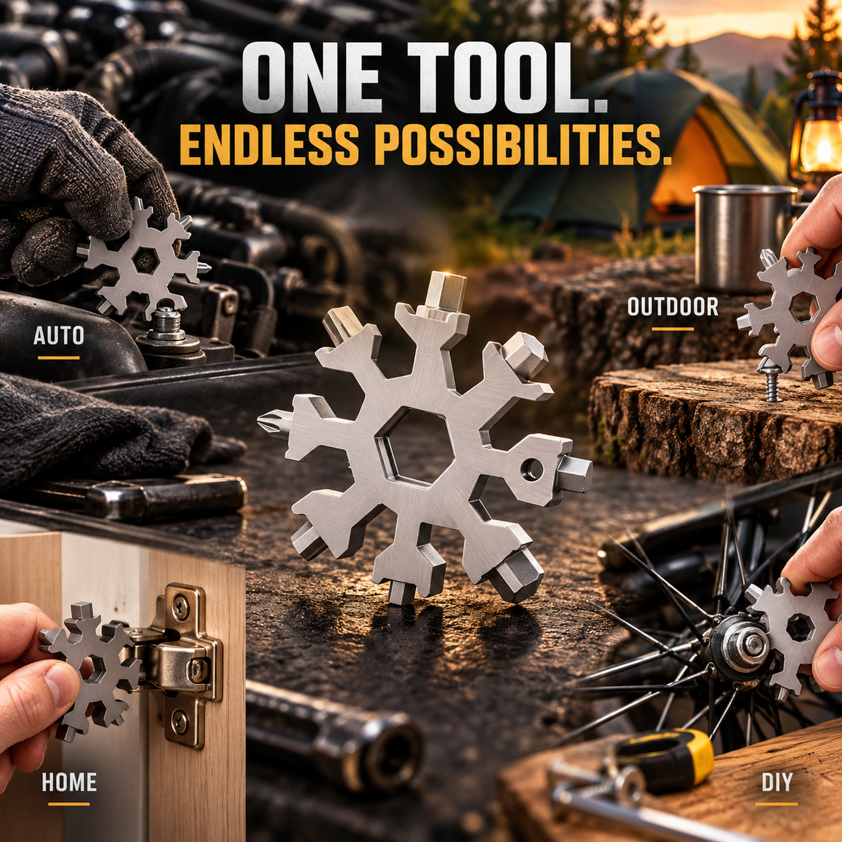 18-in-1 Snowflake Multi-Tool Portable Stainless Steel Survival Tool with Wrench, Screwdrivers & Bottle Opener
