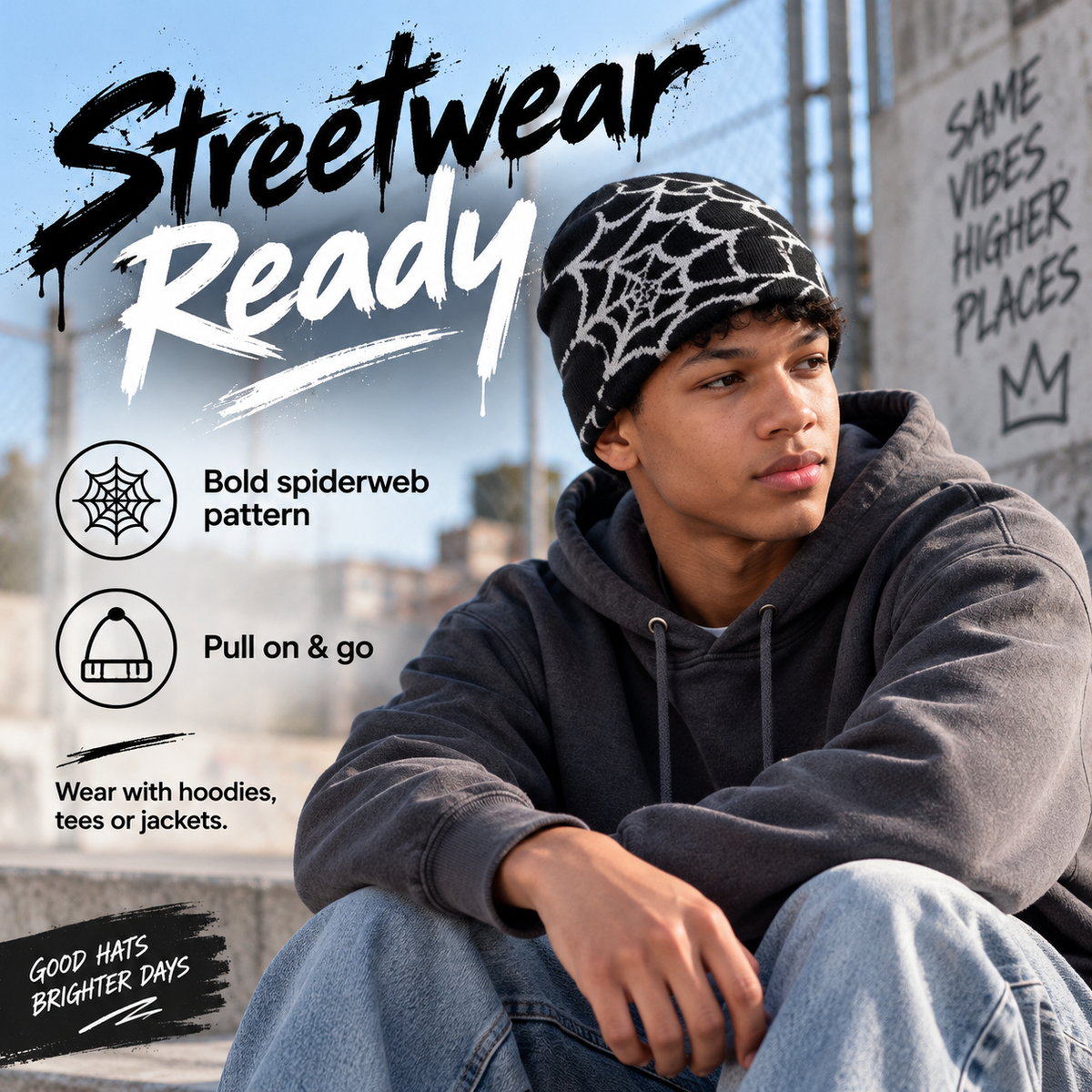 Oversized Spiderweb Knit Beanie Bold Contrast Streetwear Winter Hat