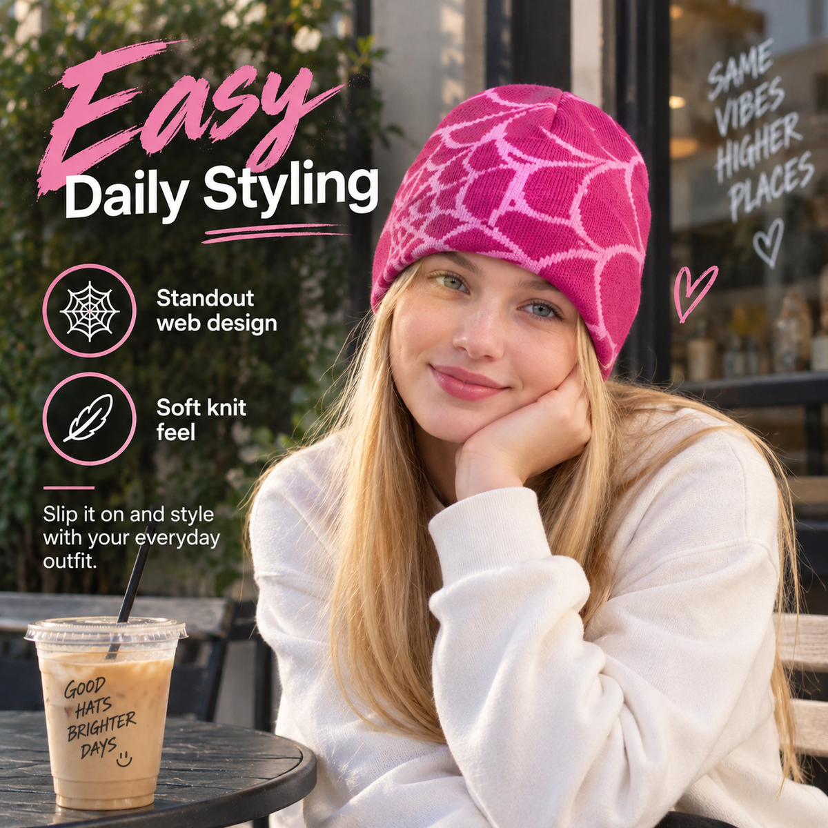 Oversized Spiderweb Knit Beanie Bold Contrast Streetwear Winter Hat