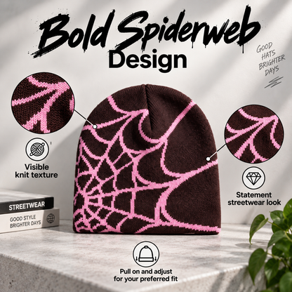 Oversized Spiderweb Knit Beanie Bold Contrast Streetwear Winter Hat