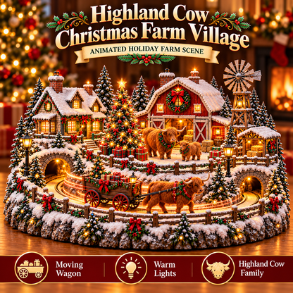 Highland Cow Christmas Farm Village Animated Holiday Scene