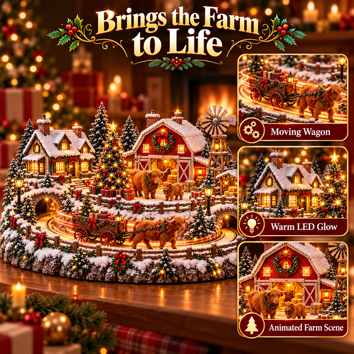 Highland Cow Christmas Farm Village Animated Holiday Scene
