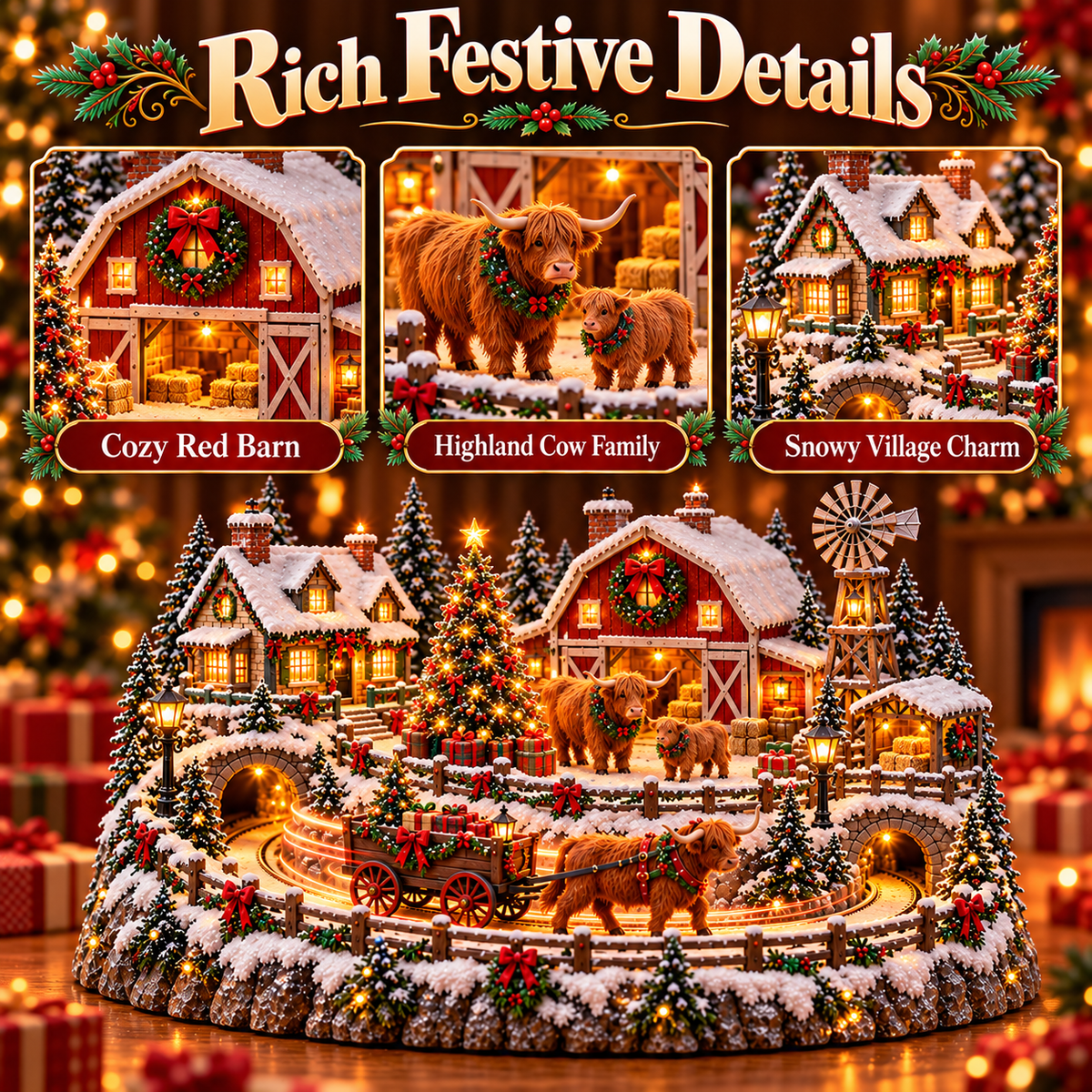 Highland Cow Christmas Farm Village Animated Holiday Scene