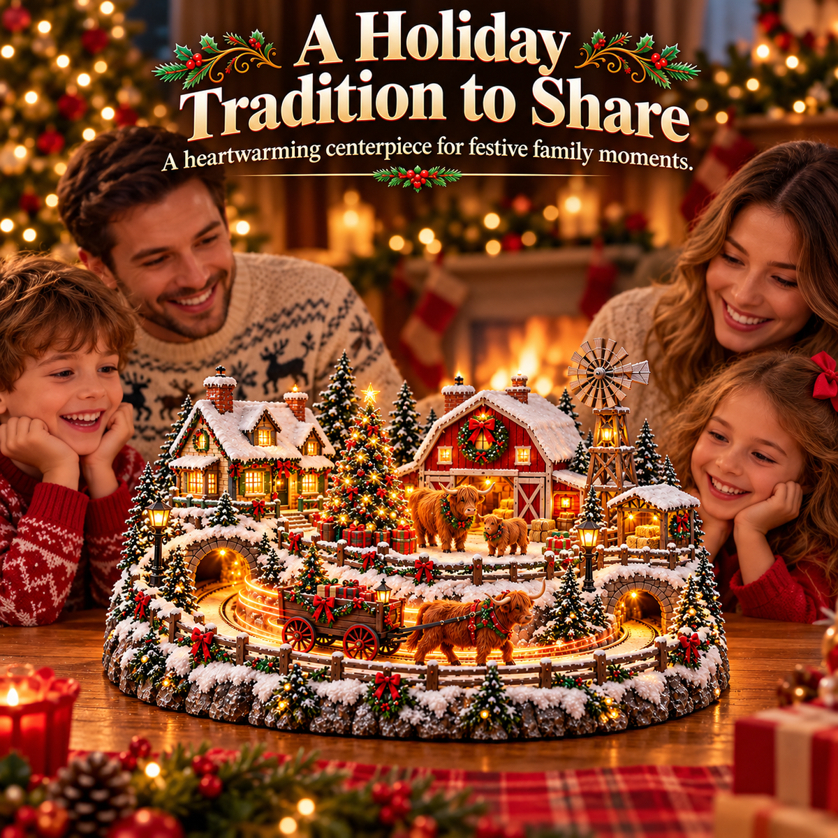 Highland Cow Christmas Farm Village Animated Holiday Scene